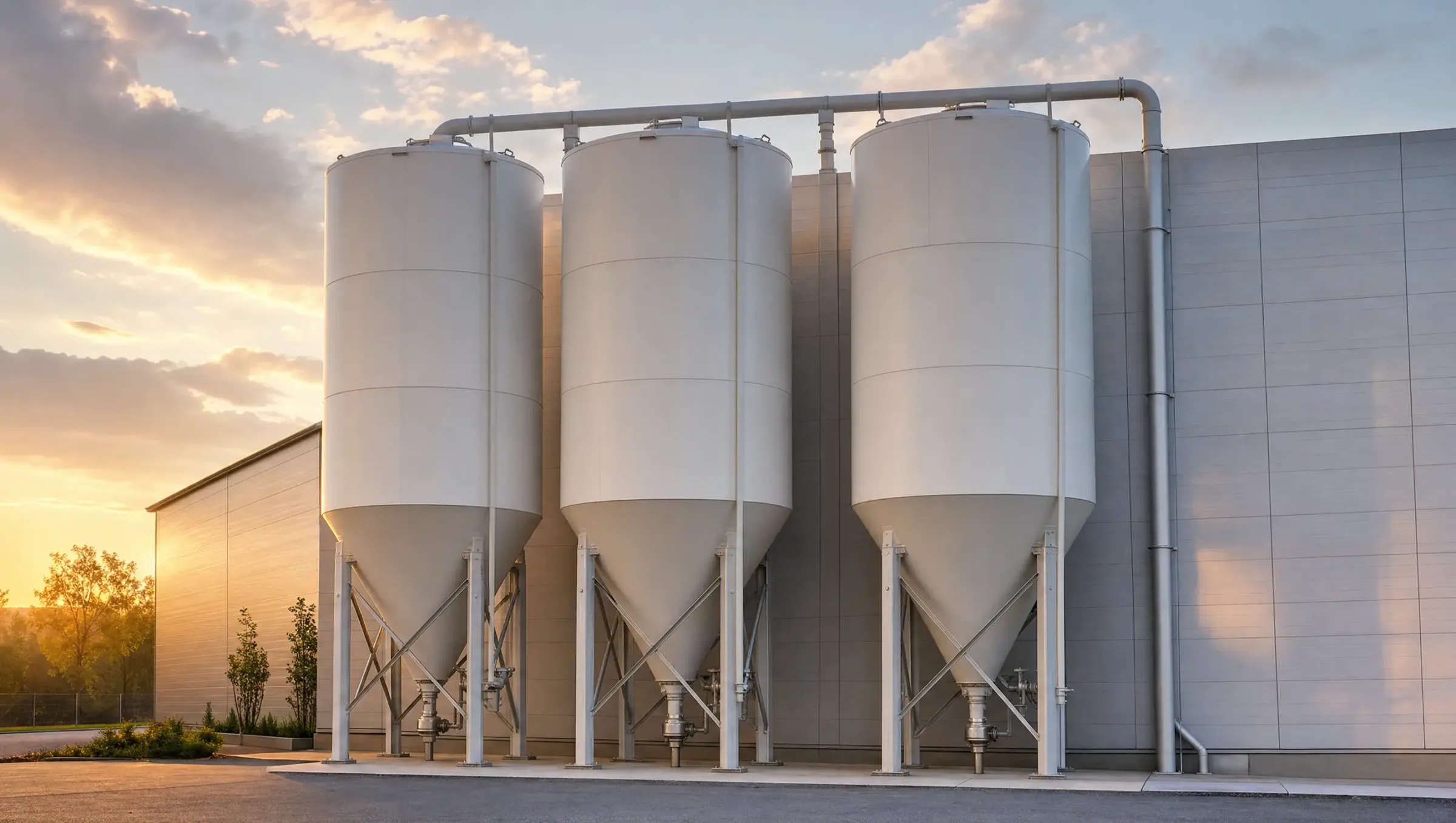 Silos für Kunststoffgranulat am Abend