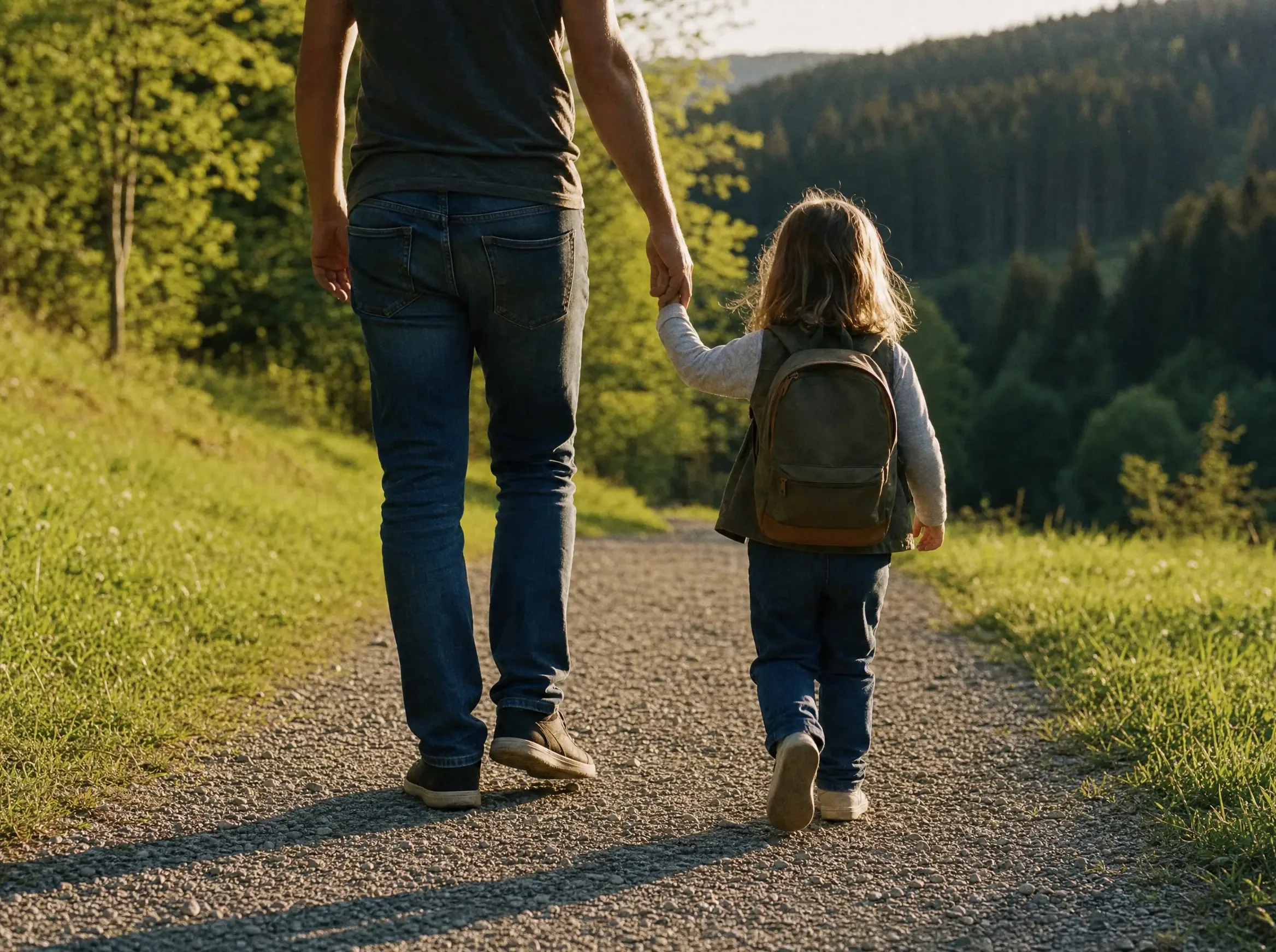 Erwachsener und Kind gehen Hand in Hand über einen Weg im Sauerland
